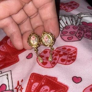 Gold Floral Cameo Drop clip on Earrings with Pink Rose Detail